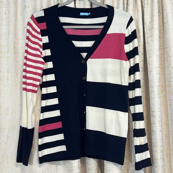 J. McLaughlin Button Up Navy Cream Pink Long Sleeve Cardigan Women’s Size Medium - Picture 1 of 6